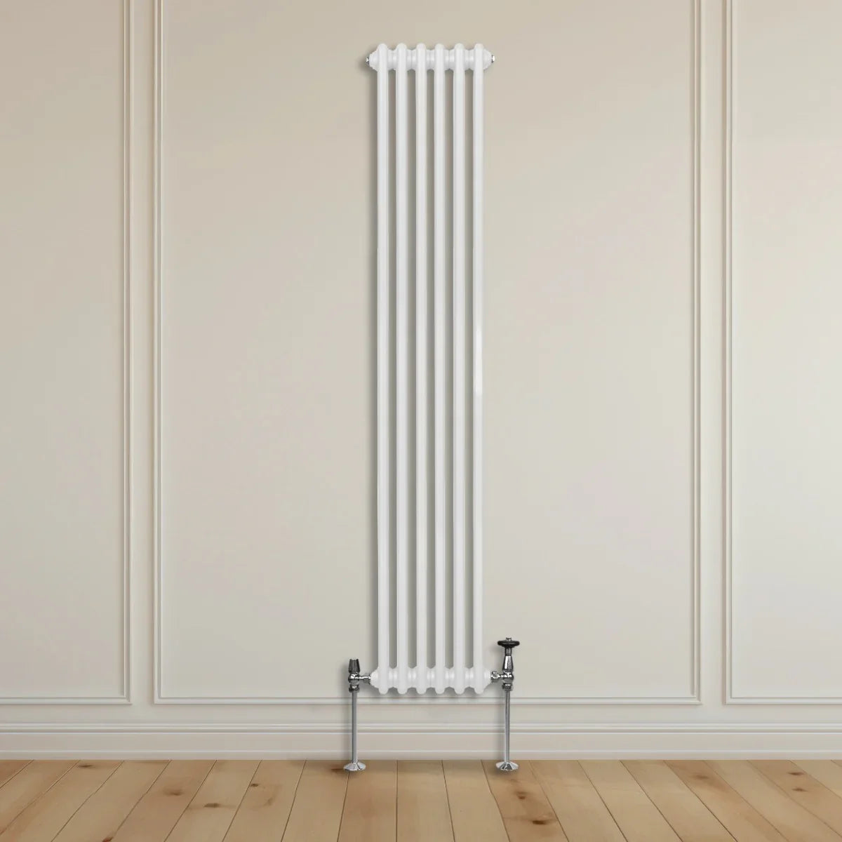 Traditional white 3 column radiator, 1800 x 292mm, featuring a sleek vertical design with polished chrome valves against a neutral wall