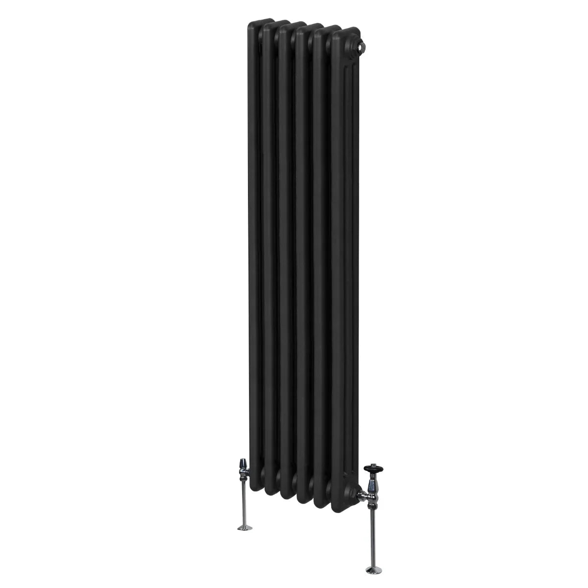 Traditional black 3 column radiator, 1800 x 292mm, featuring a sleek design with smooth, glossy finish and sturdy feet for stability