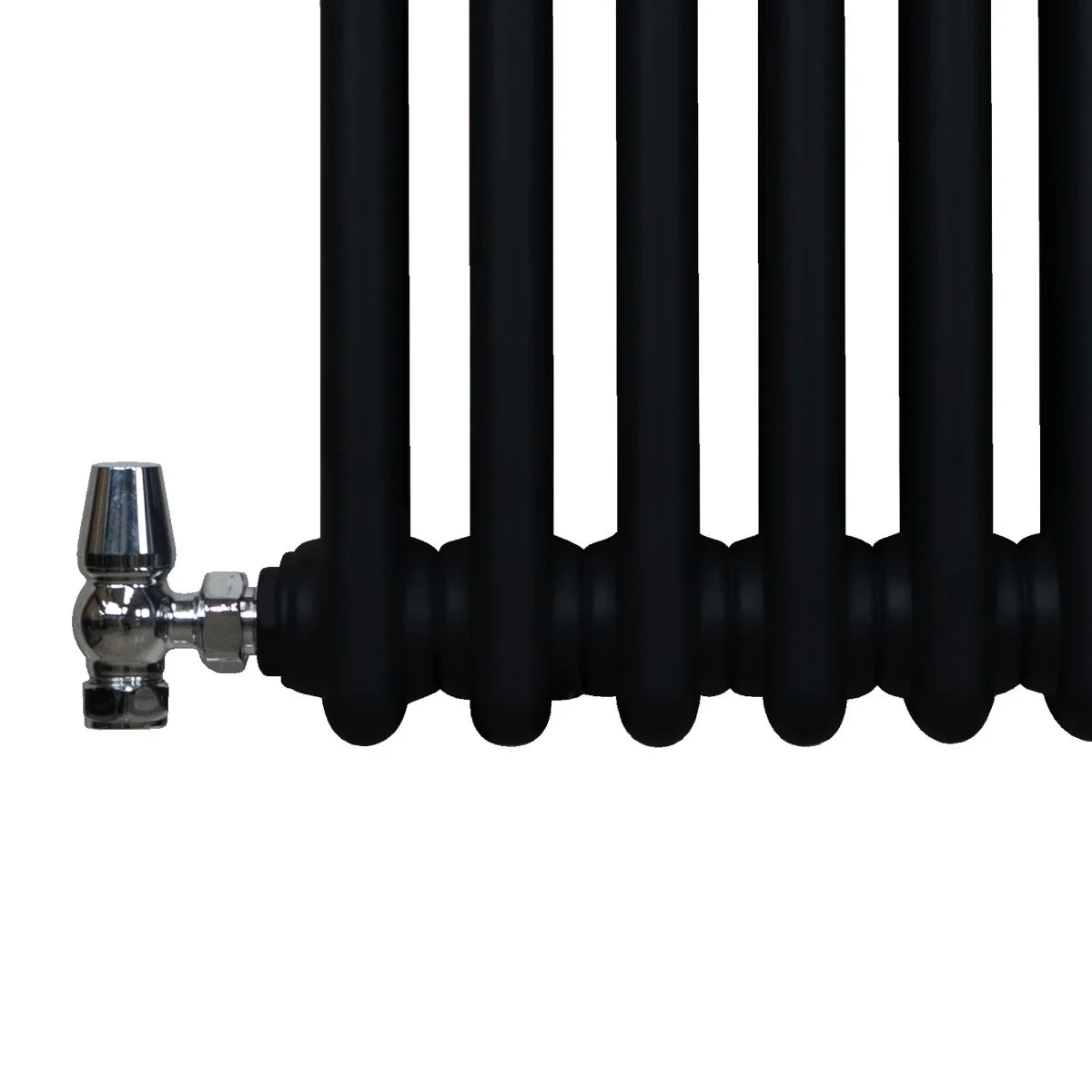 Traditional black 3 column radiator with a sleek matte finish and polished chrome valve, showcasing a modern yet classic design