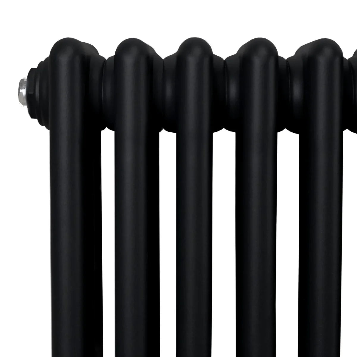 Traditional black 3 column radiator with smooth, rounded edges and a matte finish, showcasing its sturdy design and elegant style