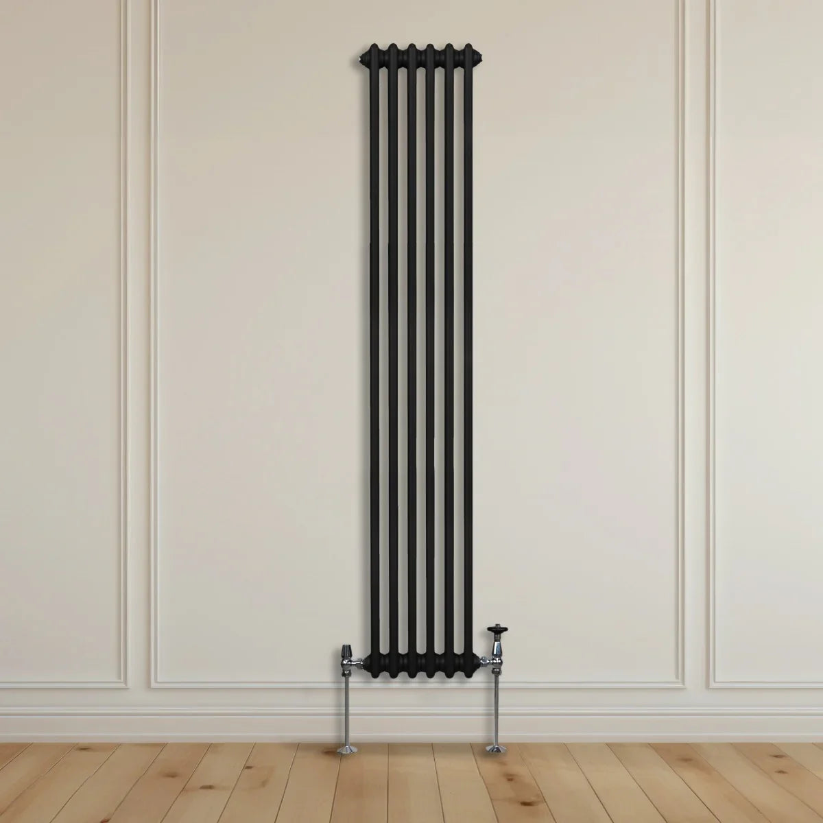 Traditional black 3 column radiator, 1800 x 292mm, featuring a sleek vertical design with a smooth finish, mounted on a wooden floor
