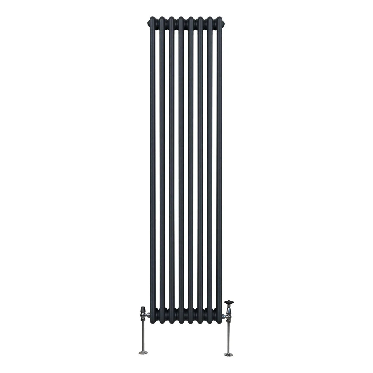 Traditional 3 column radiator in anthracite grey, featuring a tall, slim design with smooth, rounded edges and metallic fittings