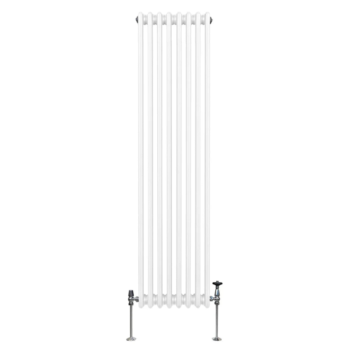 Traditional 3 column radiator in white, 1800 x 382mm, featuring a sleek vertical design with smooth, glossy finish and adjustable valves