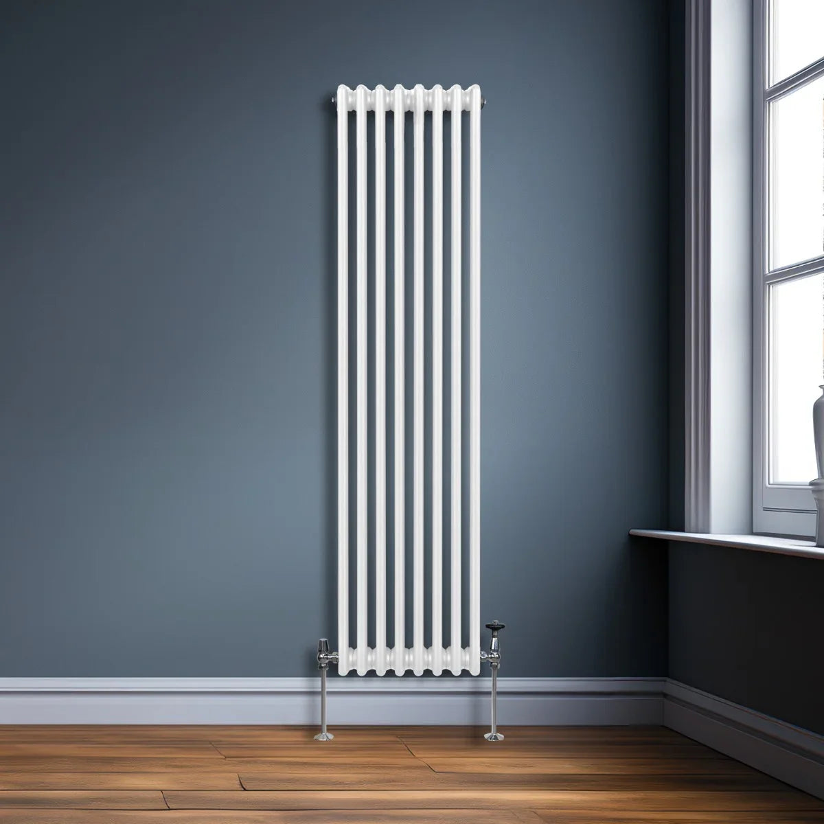 Traditional white 3 column radiator, 1800 x 382mm, featuring a sleek design and vertical orientation against a dark blue wall