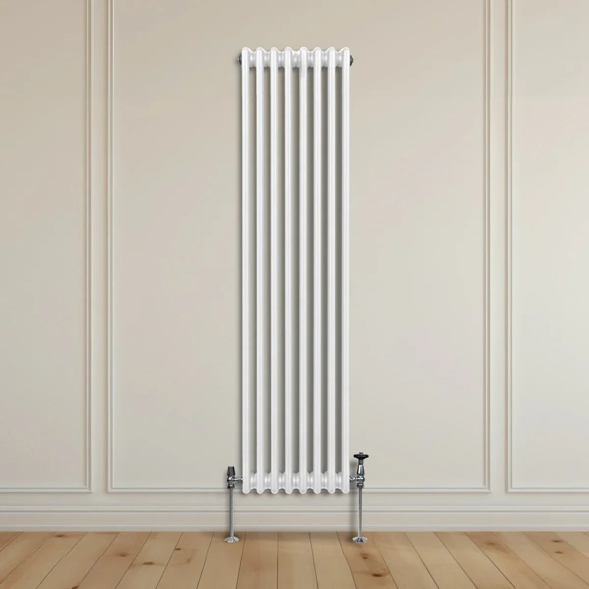 Traditional 3 column radiator in sleek white finish, 1800 x 382mm, mounted on a light wooden floor against a neutral wall