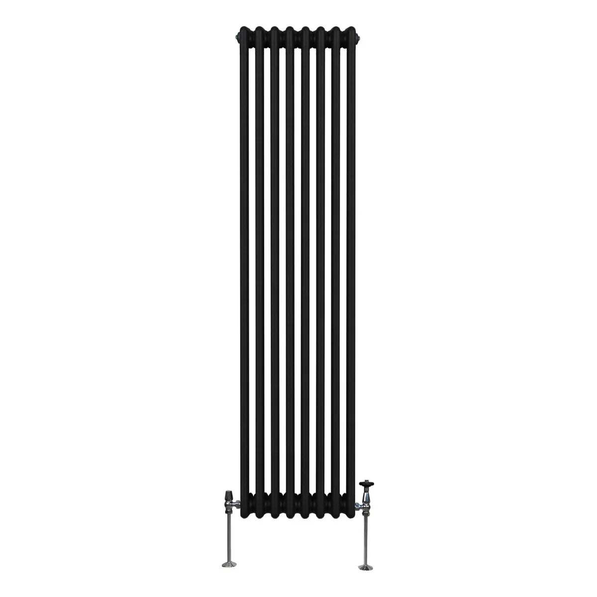 Traditional black 3 column radiator, 1800 x 382mm, featuring a sleek vertical design with smooth, rounded edges and sturdy feet