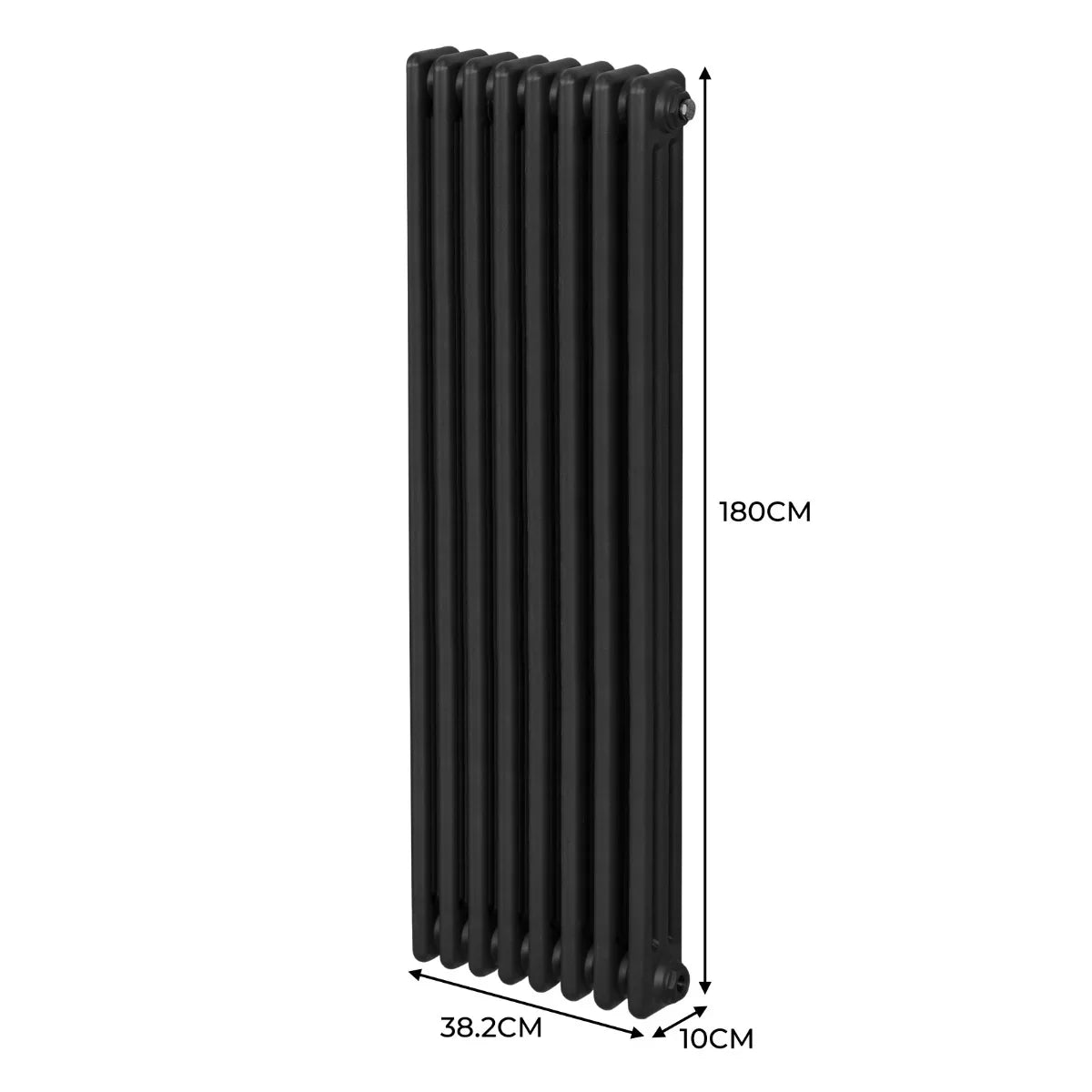 Traditional black 3 column radiator, 1800 x 382mm, featuring a sleek design with smooth, matte finish and vertical orientation