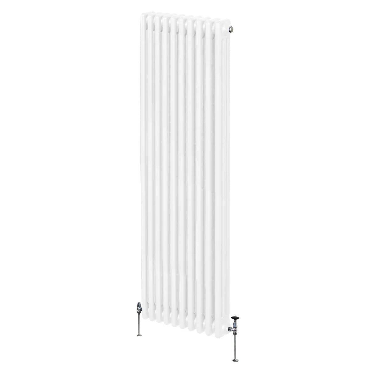 Traditional 3 column radiator in white, 1800 x 472mm, featuring a sleek design with smooth, glossy finish and adjustable valves