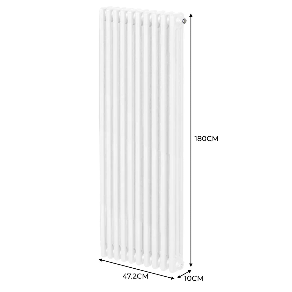 Traditional 3 column radiator in white, measuring 1800 x 472mm, featuring a sleek, vertical design with smooth, glossy finish