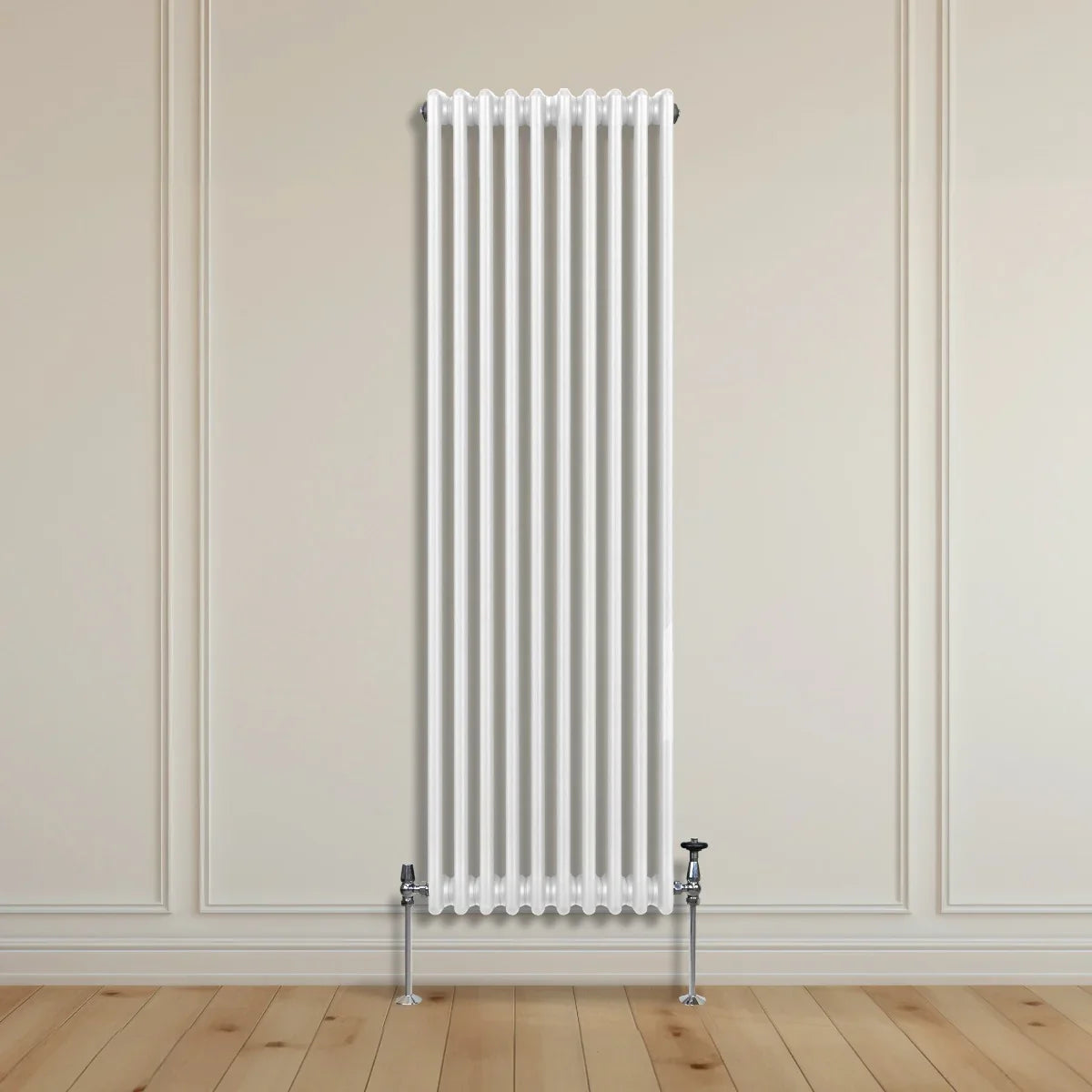 Traditional 3 column radiator in white, 1800 x 472mm, featuring a sleek design with vertical lines and chrome feet against a neutral wall