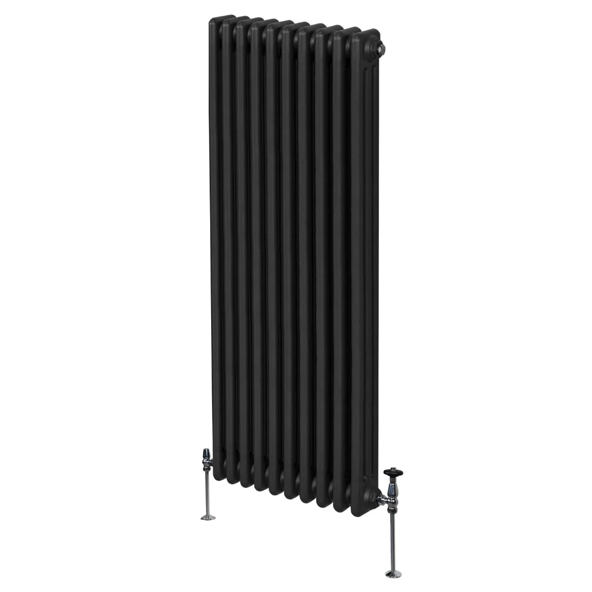 Traditional black 3 column radiator, 1800 x 472mm, featuring a sleek, vertical design with a smooth, matte finish and sturdy legs