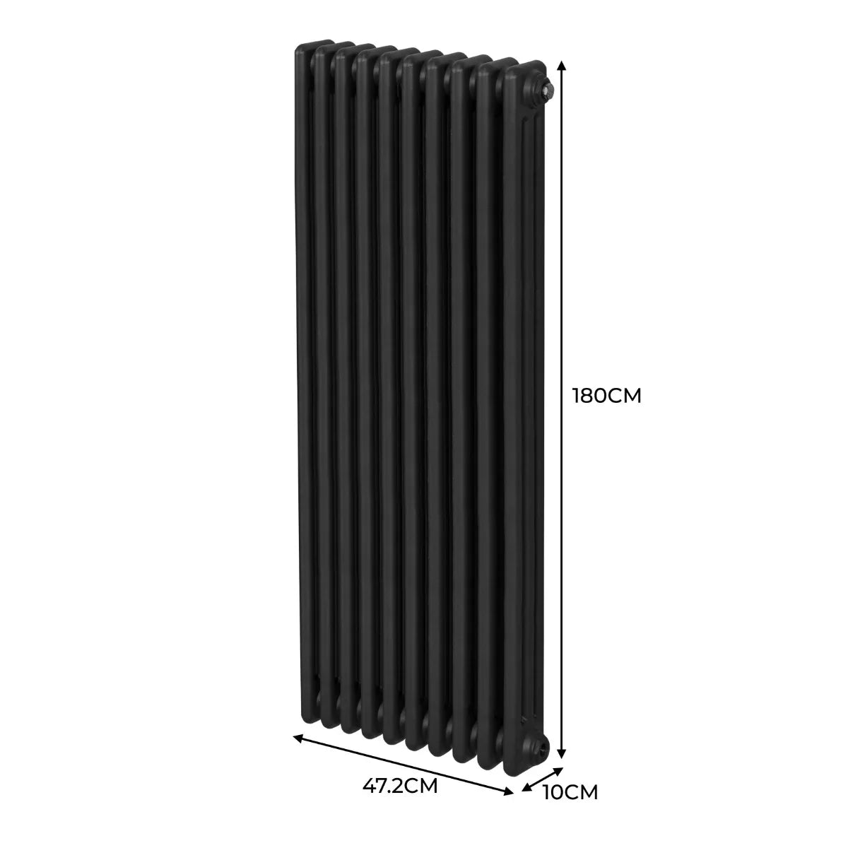 Traditional black 3 column radiator, 1800 x 472mm, featuring a sleek design with smooth, matte finish and vertical orientation