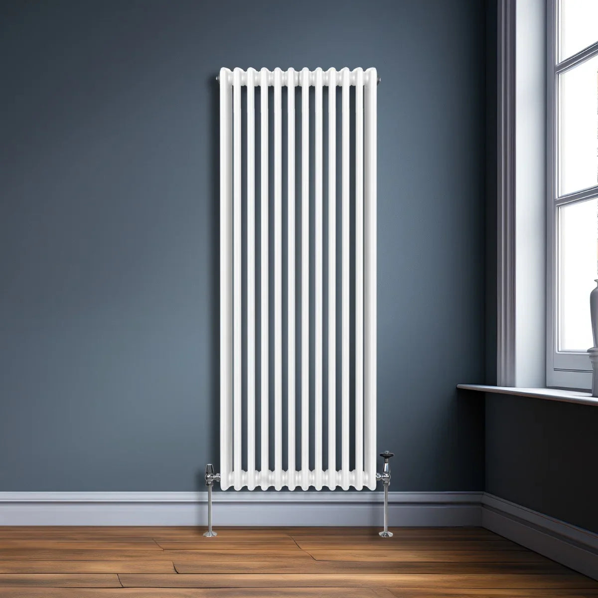 Traditional 3 column radiator in white, 1800 x 562mm, featuring a sleek design with vertical lines, mounted on a dark wall