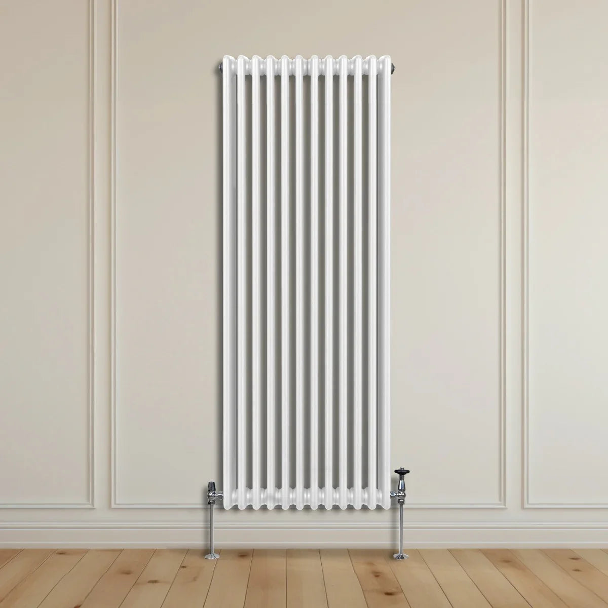 Traditional 3 column radiator in white, 1800 x 562mm, featuring a sleek design with vertical lines and chrome valves, mounted on a wall