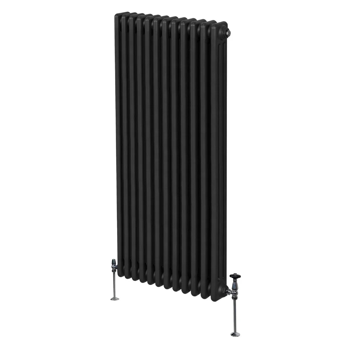 Traditional black 3 column radiator, 1800 x 562mm, featuring a sleek, vertical design with a smooth finish and sturdy legs