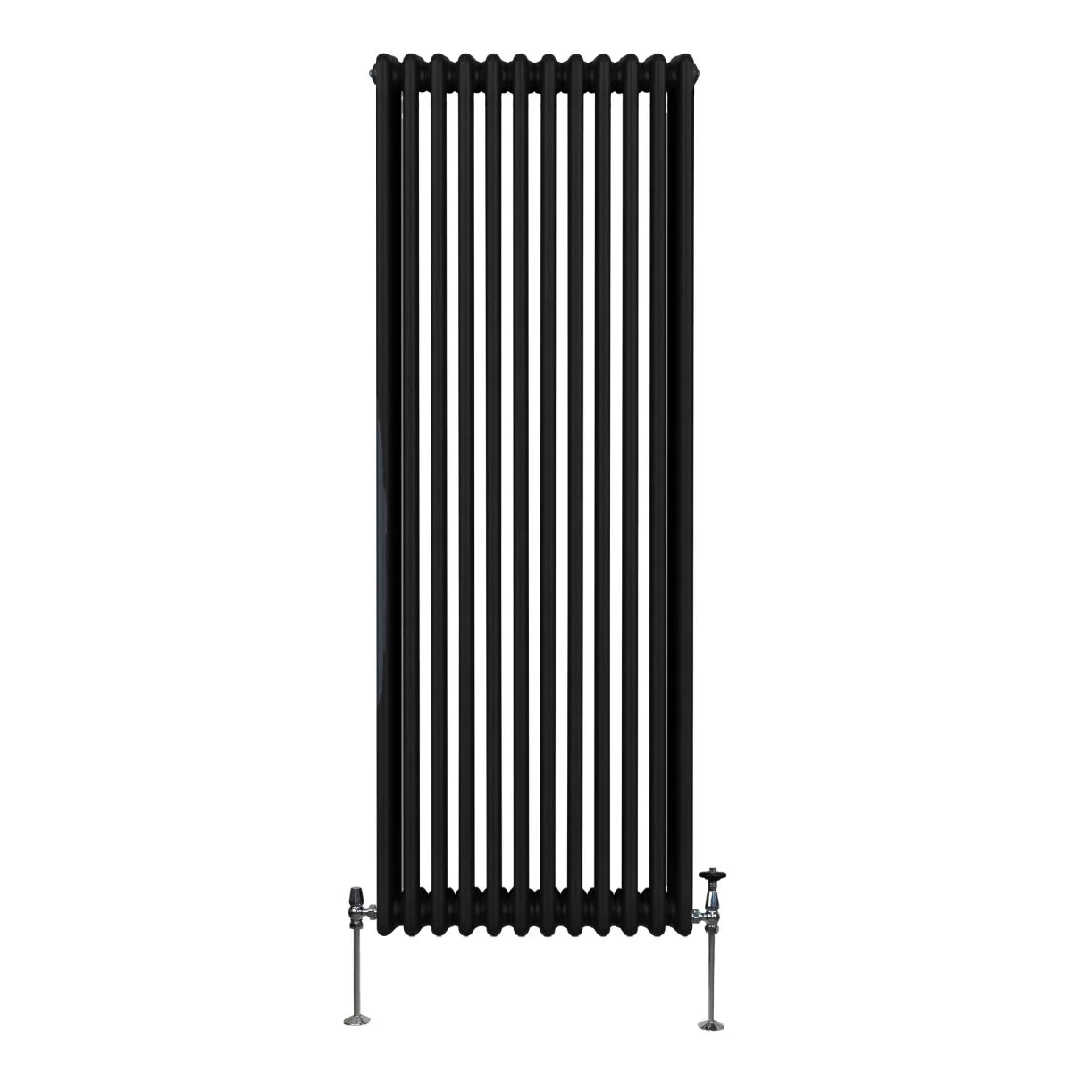 Traditional black 3 column radiator, 1800 x 562mm, featuring a sleek vertical design with smooth, rounded edges and polished metal feet