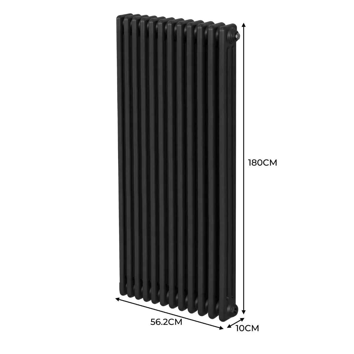 Traditional black 3 column radiator, 1800 x 562mm, featuring a sleek design with a smooth, matte finish and vertical orientation