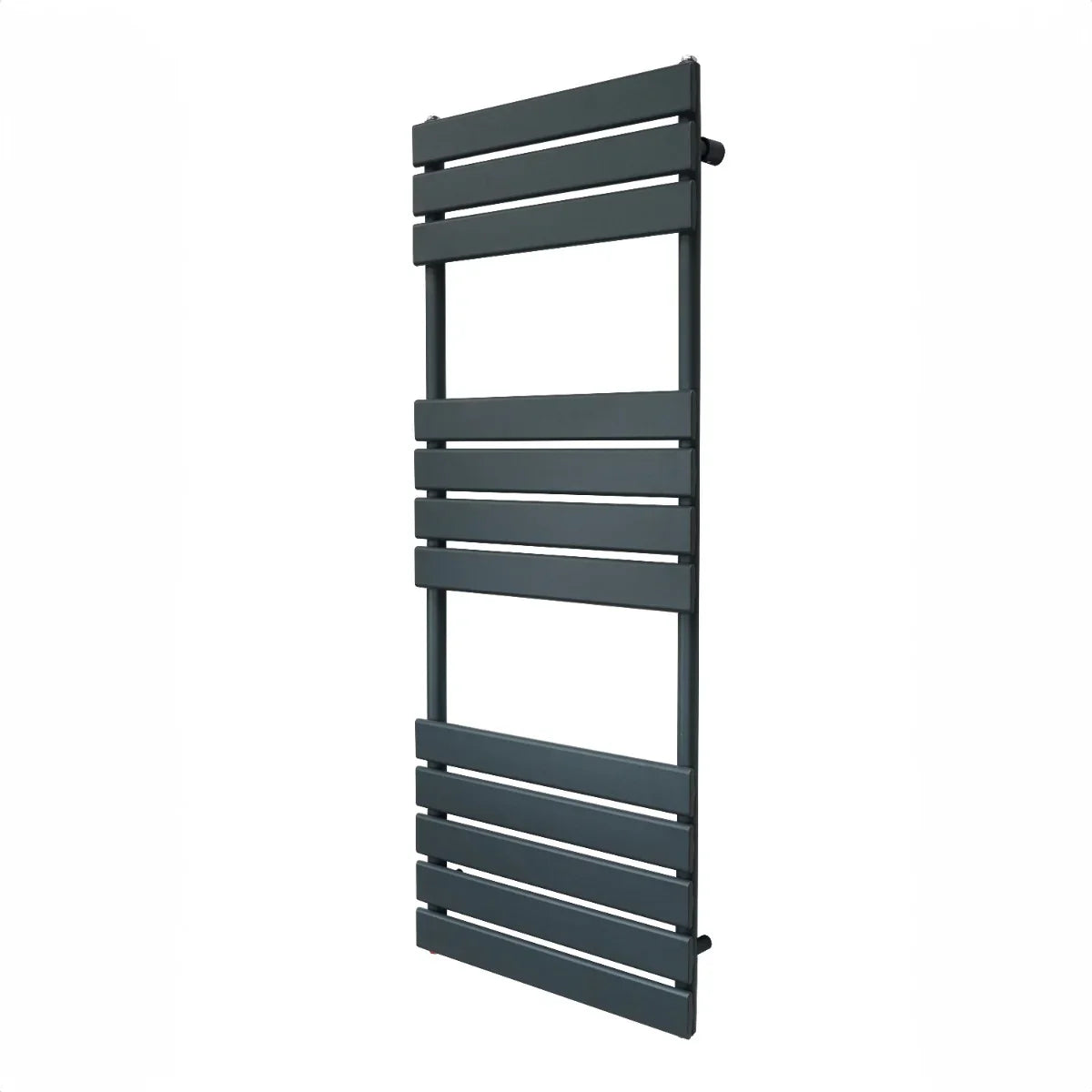 Flat panel towel radiator in anthracite grey, 1200mm x 450mm, featuring sleek horizontal bars and a modern design for efficient heating