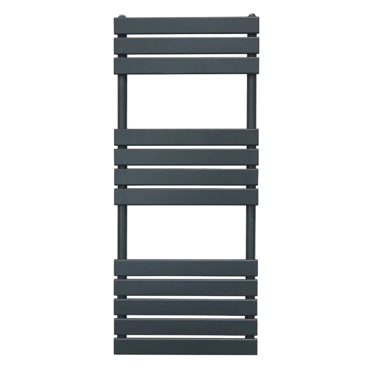 Flat panel towel radiator in anthracite grey, featuring a sleek, modern design with horizontal slats and a matte finish, measuring 1200mm x 450mm