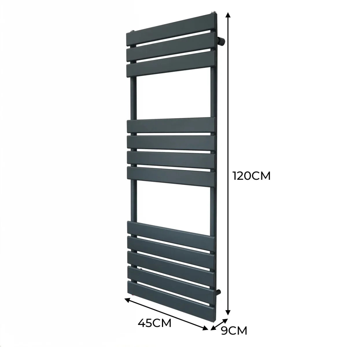 Flat panel towel radiator in anthracite grey, measuring 1200mm x 450mm, features sleek horizontal slats and a modern design