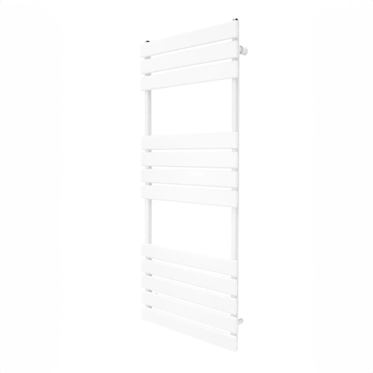 Flat panel towel radiator in sleek white finish, measuring 1200mm x 450mm, featuring a modern design with horizontal slats