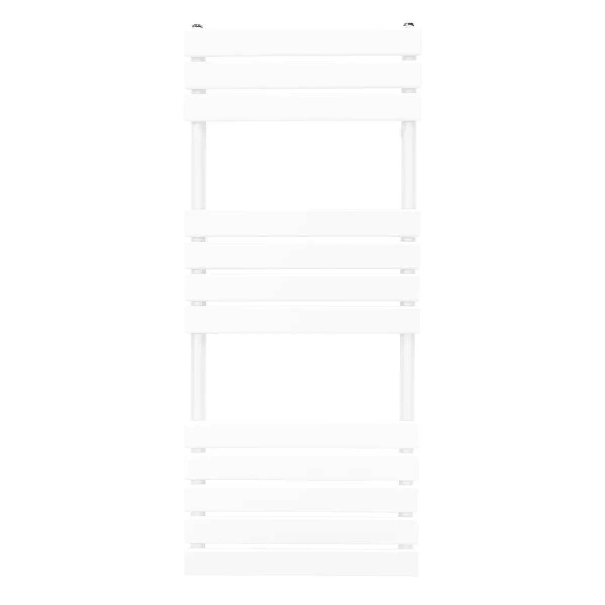 Flat panel towel radiator in sleek white, measuring 1200mm x 450mm, features horizontal slats for efficient drying and heating