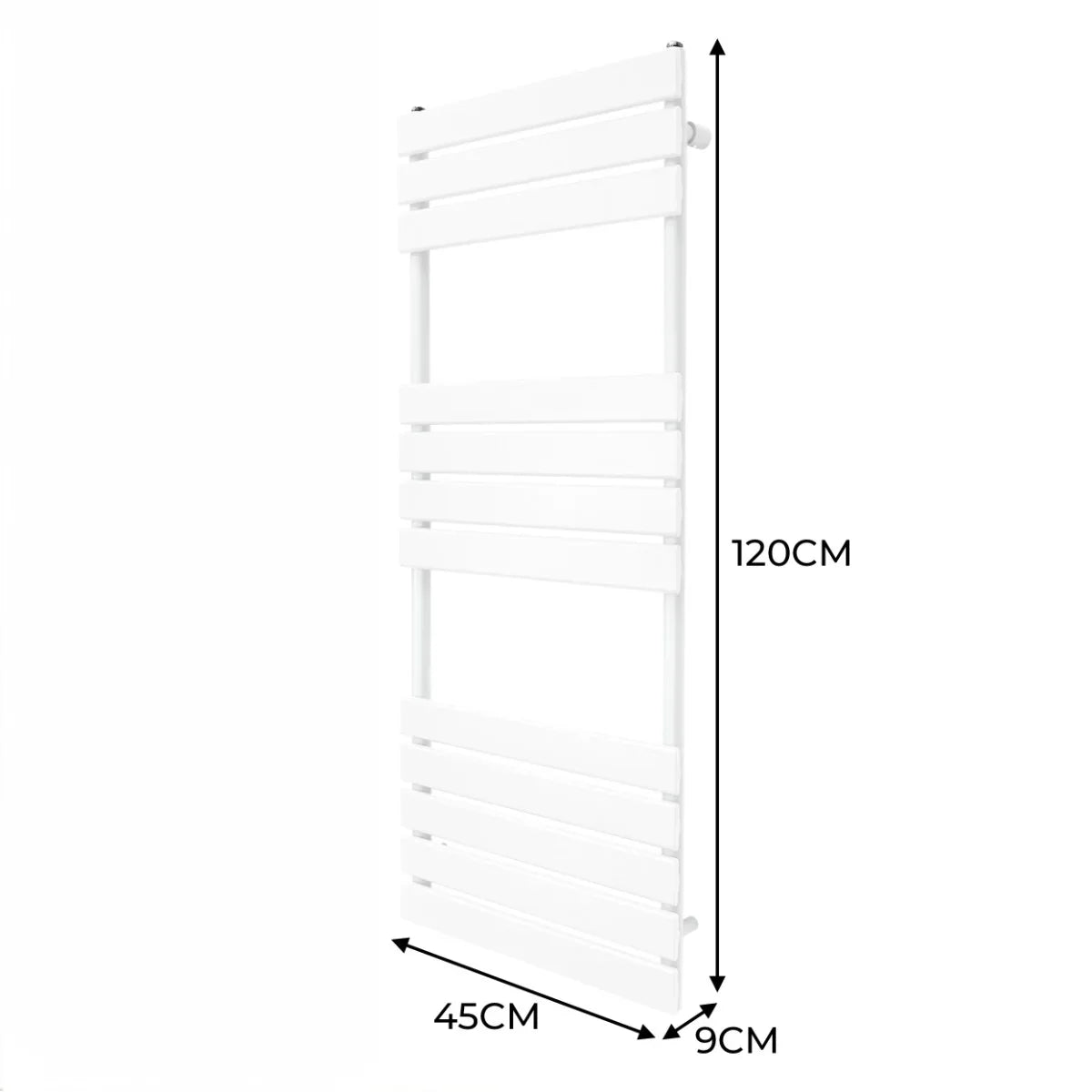Flat panel towel radiator in white, measuring 1200mm x 450mm, features a sleek, modern design with horizontal slats and a smooth finish