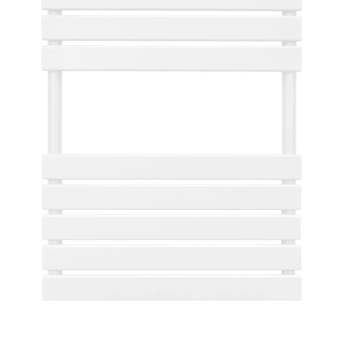 Flat panel towel radiator in sleek white finish, measuring 1200mm x 450mm, featuring horizontal slats for efficient drying