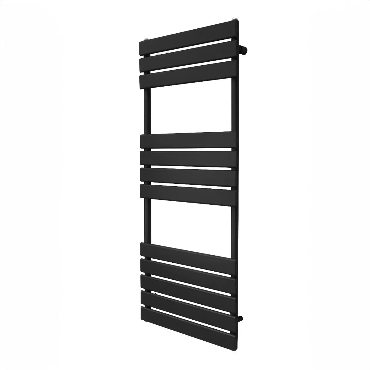 Flat panel towel radiator in sleek black finish, measuring 1200mm x 450mm, featuring a modern design with horizontal slats