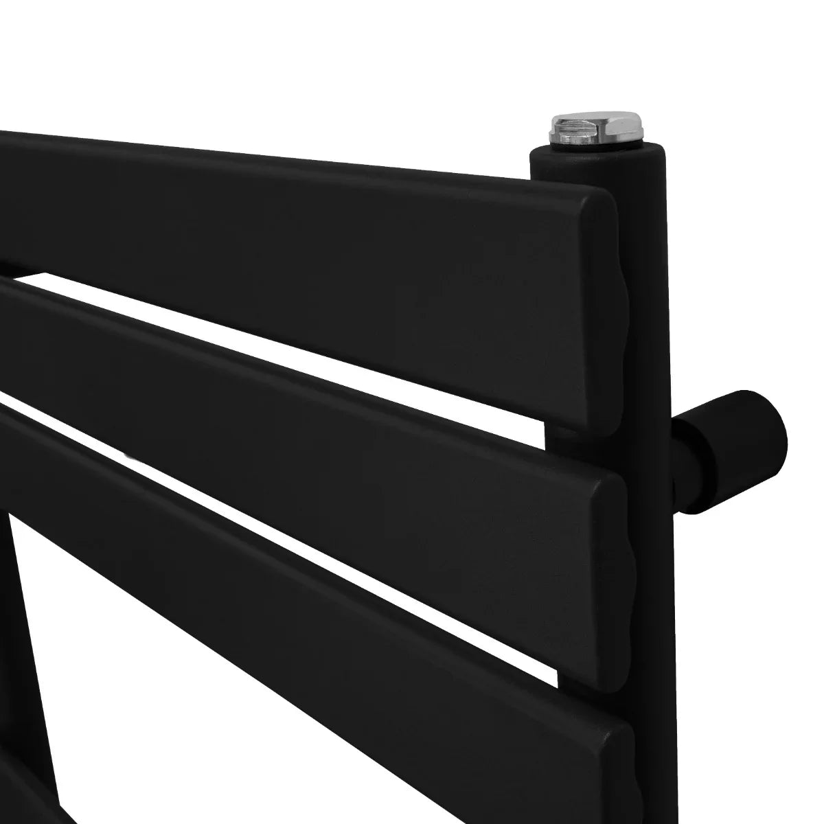 Sleek black flat panel towel radiator with three horizontal bars, featuring a modern design and smooth matte finish, ideal for bathrooms