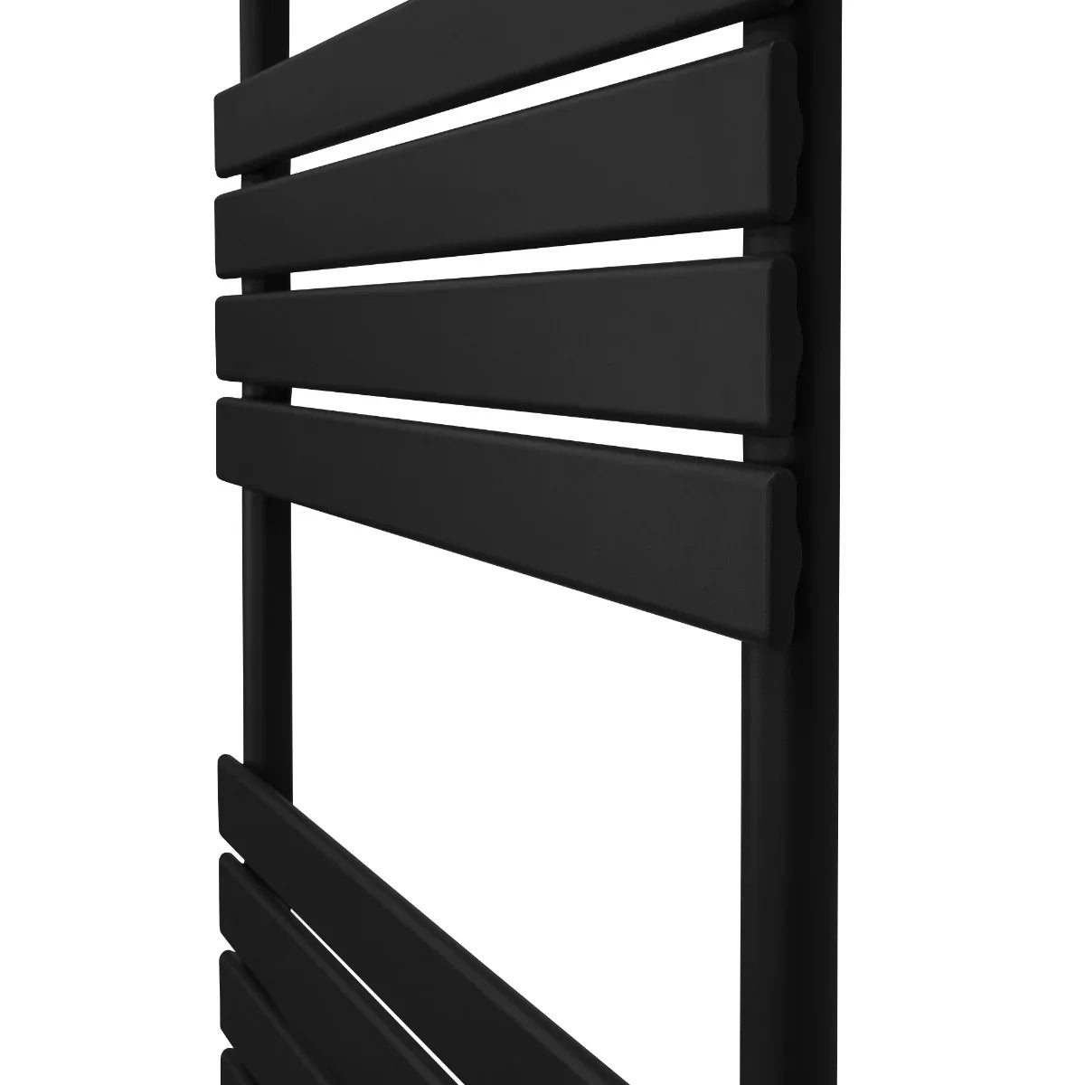 Sleek black flat panel towel radiator, 1200mm x 450mm, featuring smooth lines and a modern design ideal for contemporary bathrooms