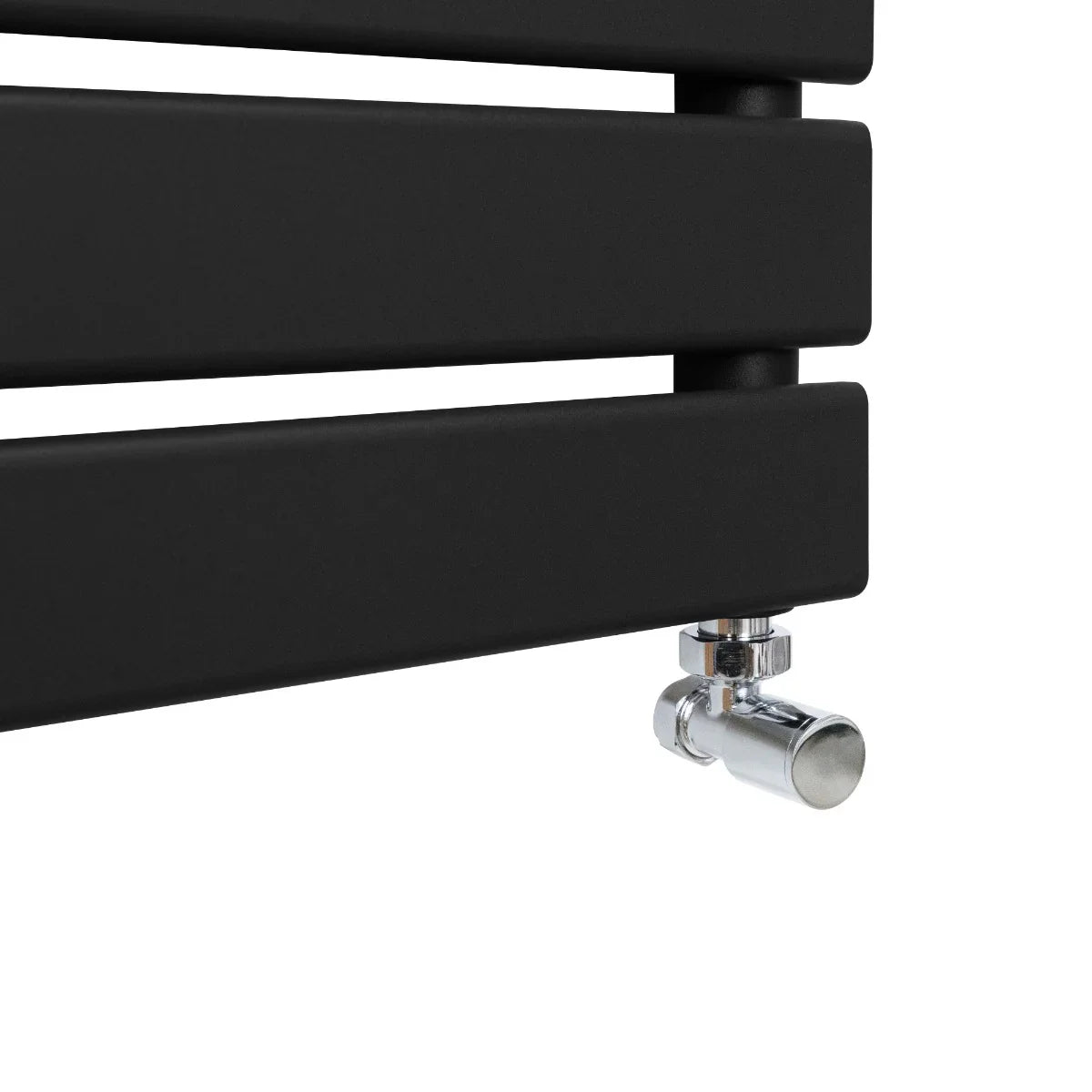 Sleek black flat panel towel radiator with a modern design, featuring smooth lines and a chrome valve for stylish heating solutions
