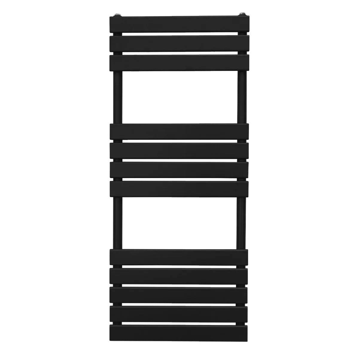 Sleek black flat panel towel radiator, 1200mm x 450mm, featuring a modern design with horizontal slats for efficient drying