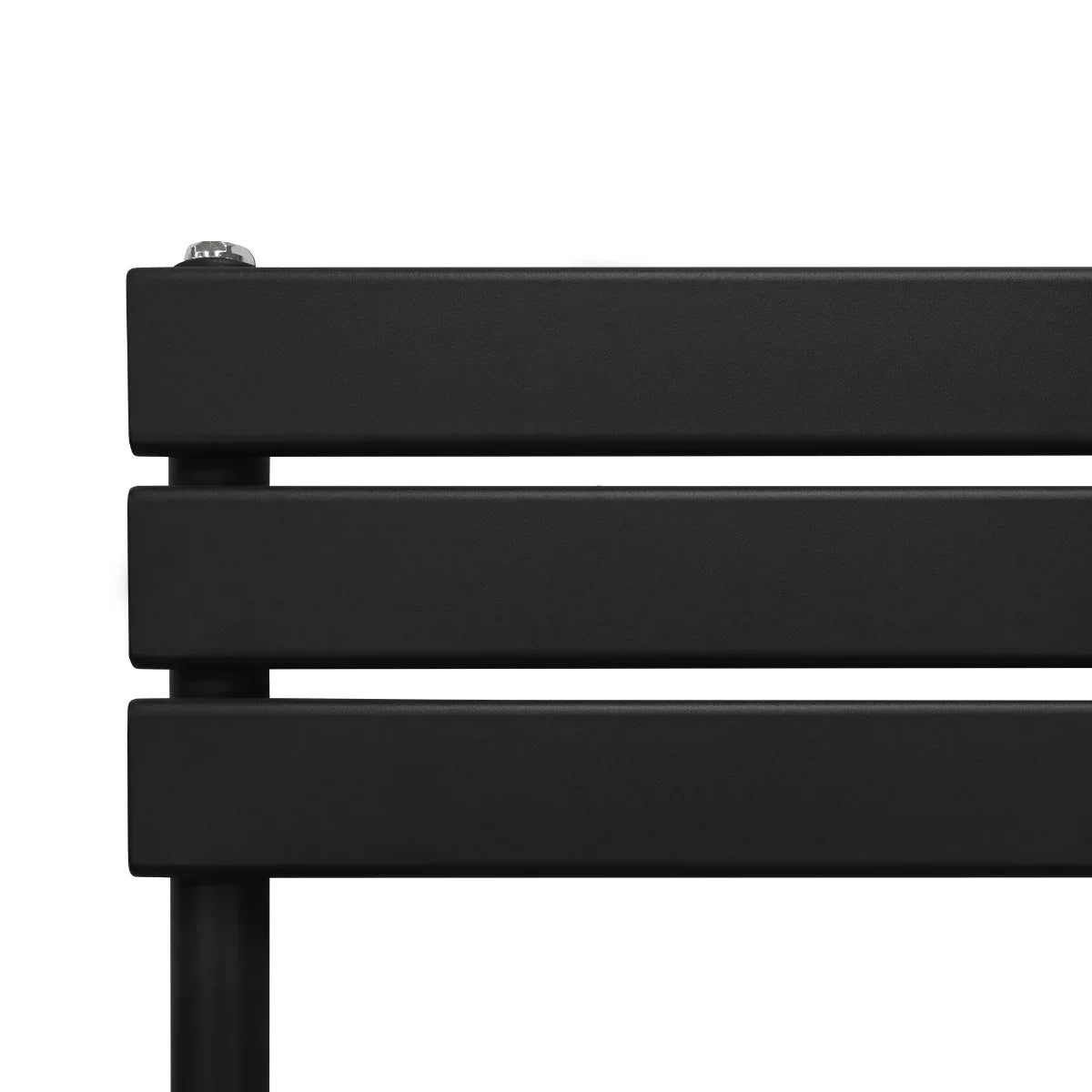 Sleek black flat panel towel radiator with horizontal bars, 1200mm x 450mm, showcasing a modern, minimalist design and smooth finish