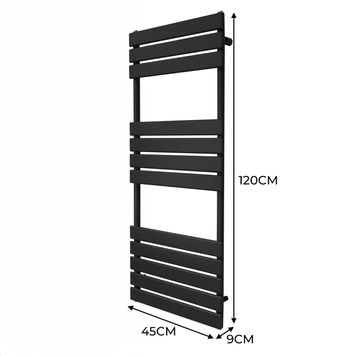Sleek black flat panel towel radiator measuring 1200mm x 450mm, featuring a modern design with horizontal slats and a matte finish