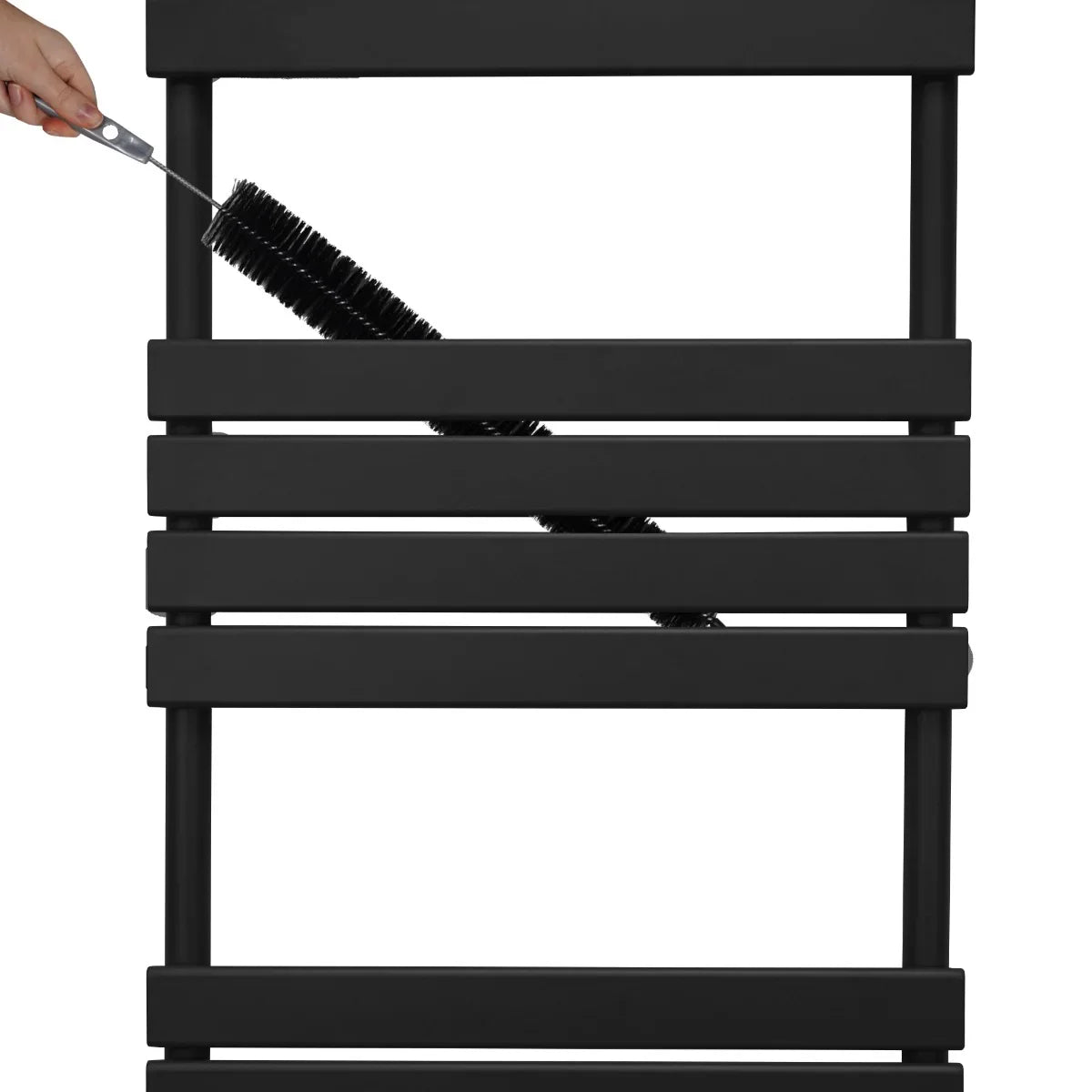 Black flat panel towel radiator with sleek horizontal bars, being cleaned with a brush, showcasing its modern design and finish