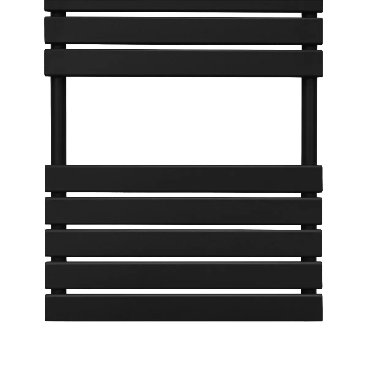 Sleek black flat panel towel radiator, 1200mm x 450mm, featuring a modern design with horizontal slats and a smooth matte finish