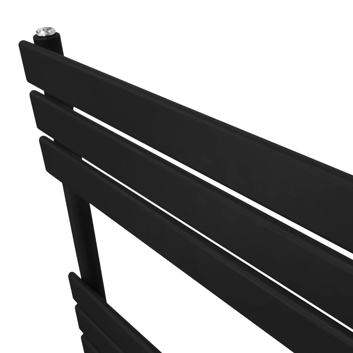 Sleek black flat panel towel radiator with horizontal slats, measuring 1200mm x 450mm, showcasing a modern design and matte finish
