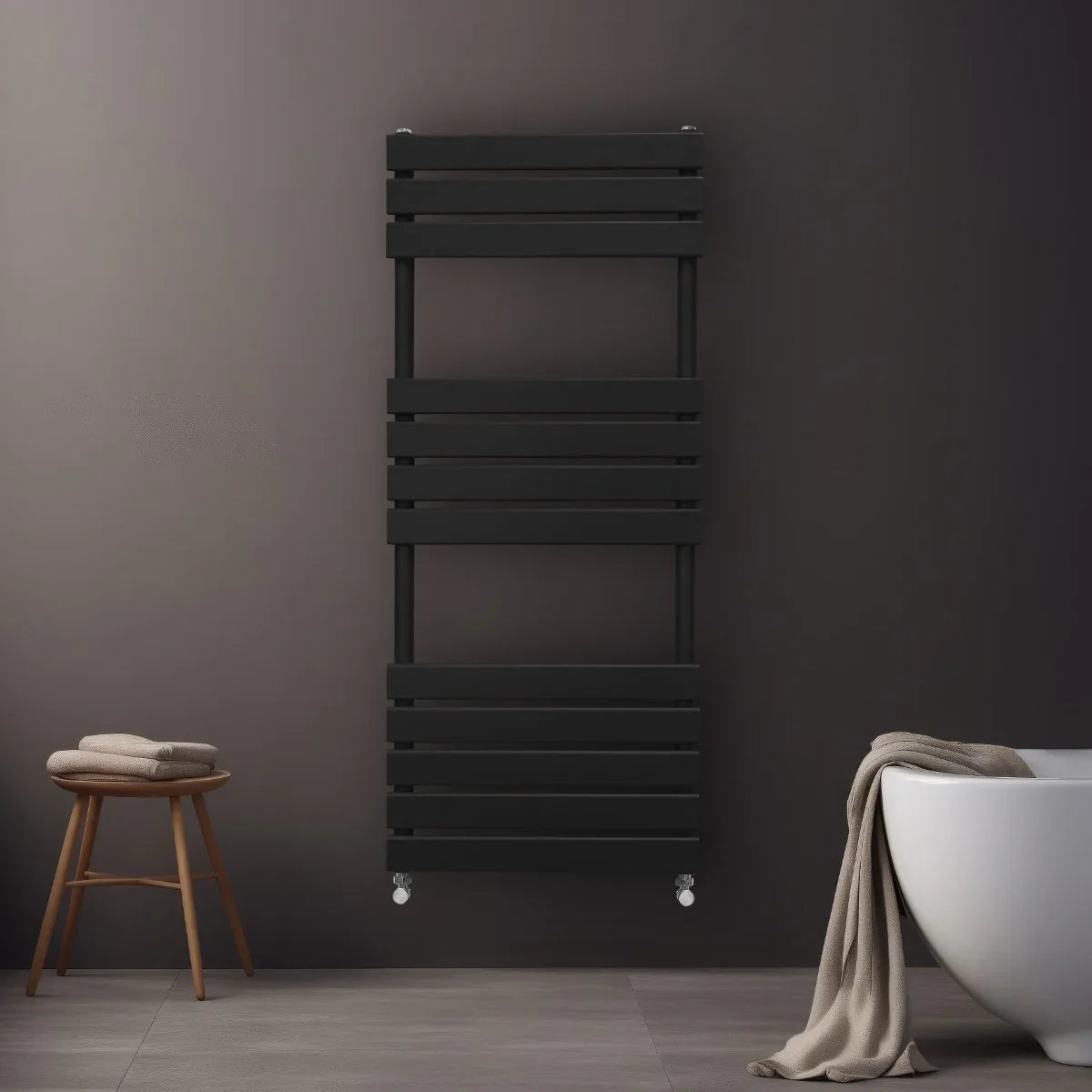 Sleek black flat panel towel radiator, 1200mm x 450mm, mounted on a wall, with horizontal slats and a modern design, perfect for bathrooms