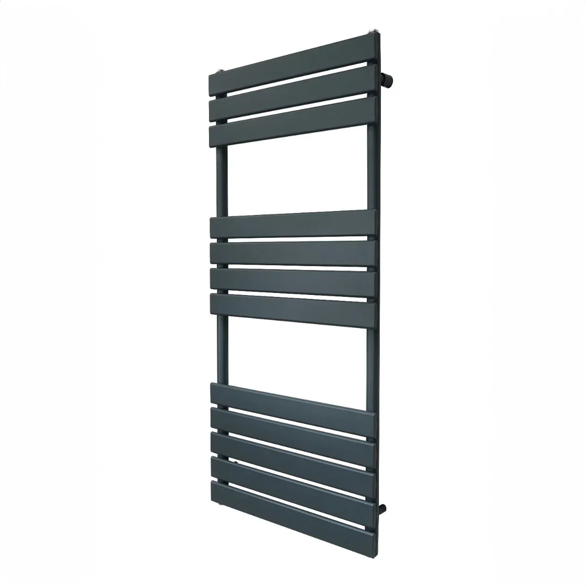 Flat panel towel radiator in anthracite grey, measuring 1200mm x 500mm, features sleek horizontal slats and a modern design