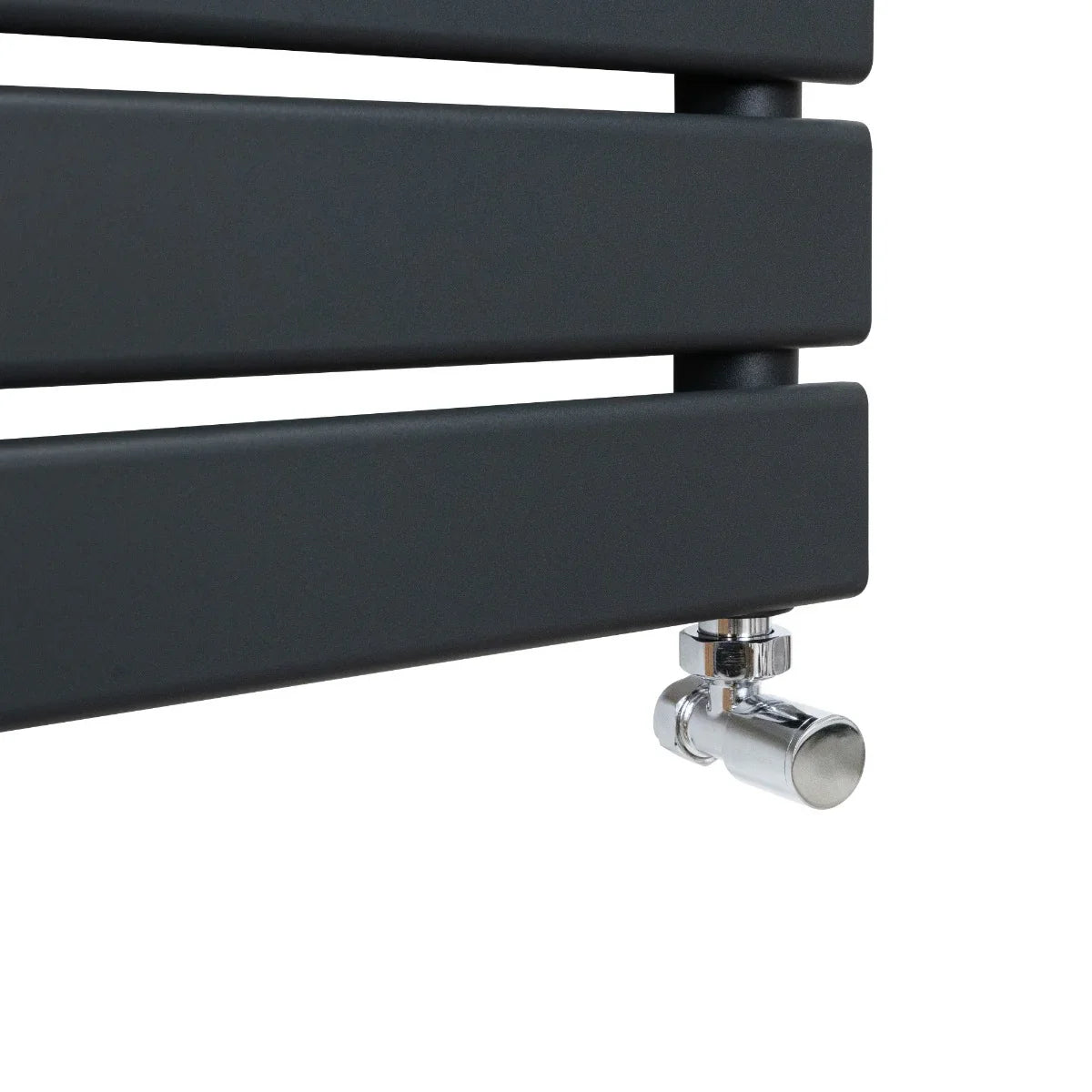 Flat panel towel radiator in anthracite grey, featuring sleek horizontal bars and a chrome valve for modern heating solutions