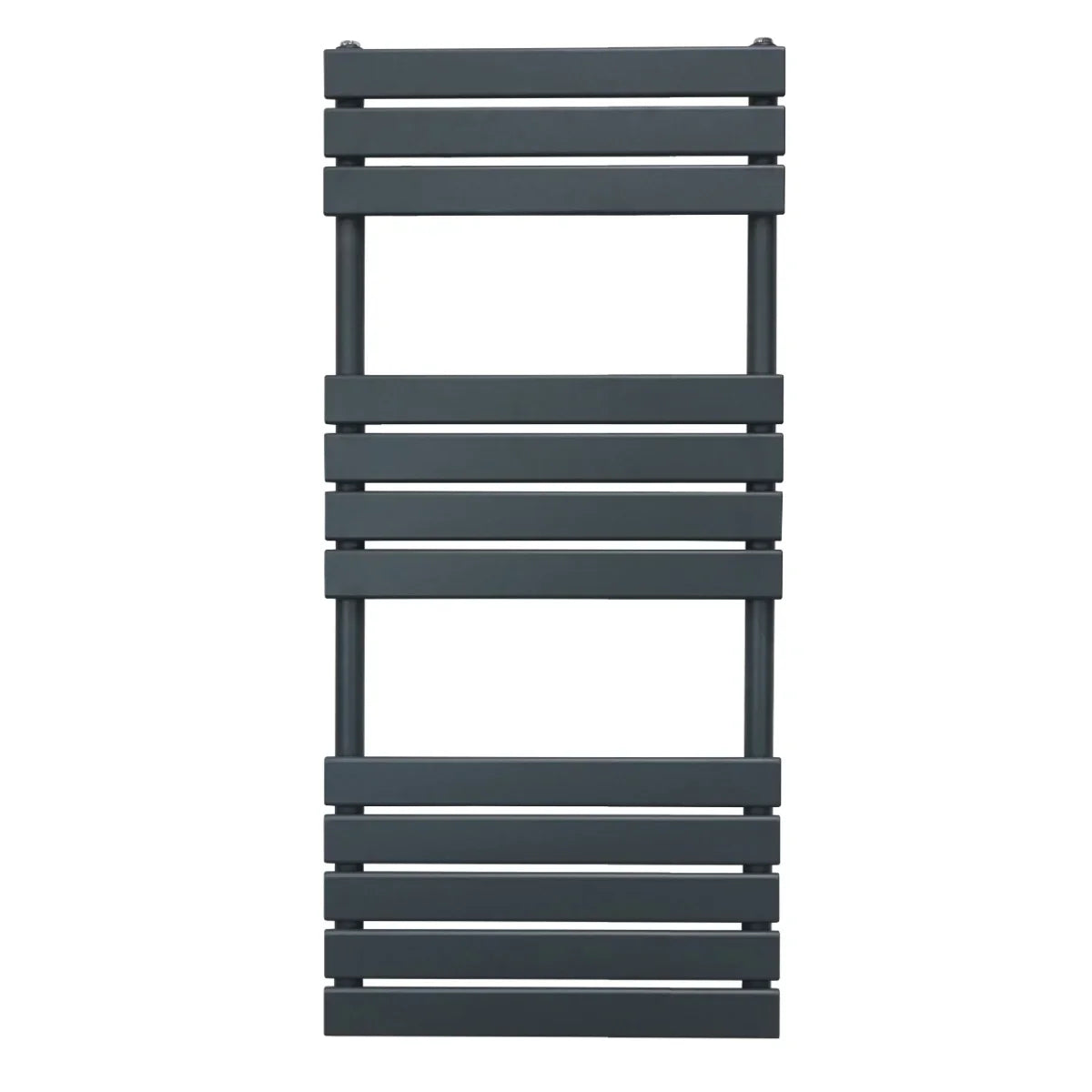 Flat panel towel radiator in anthracite grey, featuring a sleek, modern design with horizontal slats and a smooth finish, 1200mm x 500mm
