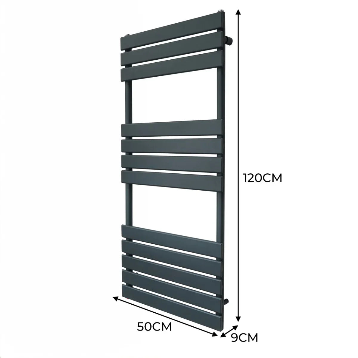 Flat panel towel radiator in anthracite grey, measuring 1200mm x 500mm, features sleek horizontal bars and a modern design