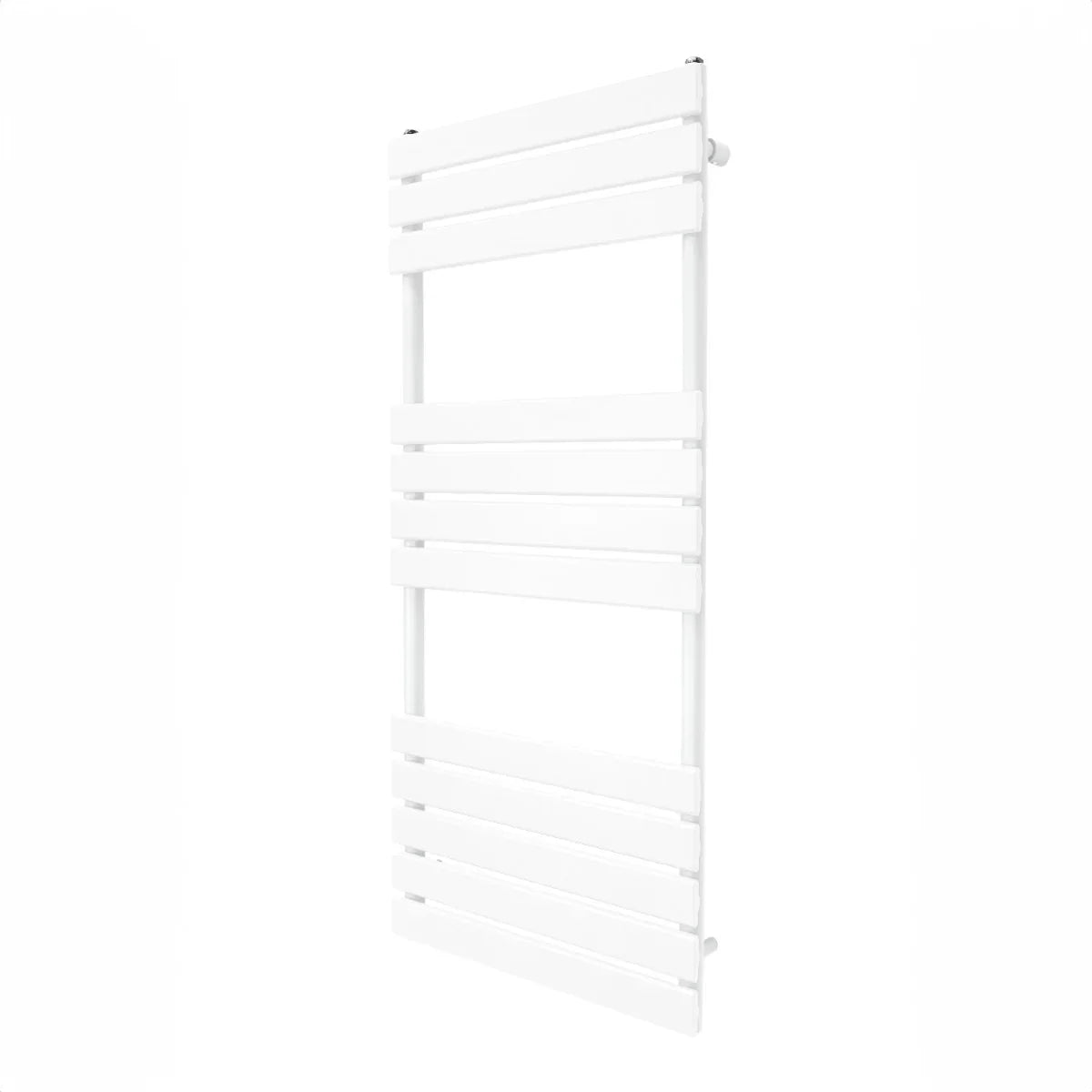 Flat panel towel radiator in sleek white, measuring 1200mm x 500mm, featuring a modern design with horizontal slats for efficient drying