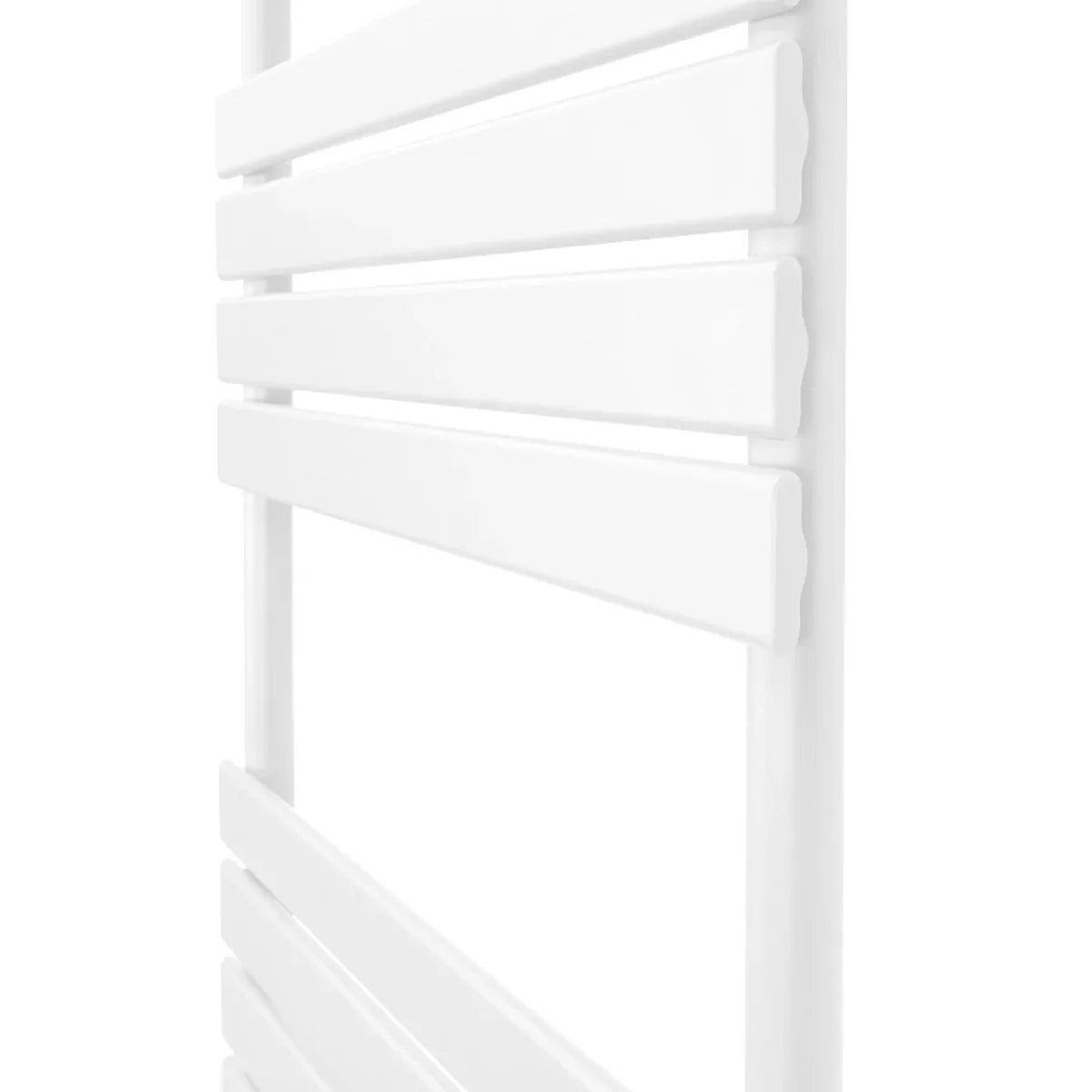 Flat panel towel radiator in sleek white finish, featuring horizontal slats and a modern design, ideal for stylish bathrooms