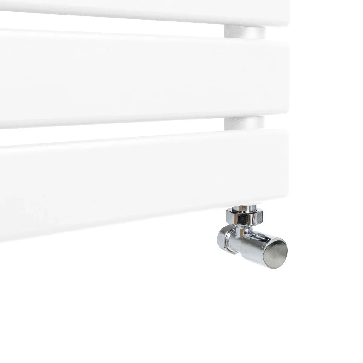 Flat panel towel radiator in white, 1200mm x 500mm, featuring sleek lines and a chrome valve for modern bathroom heating