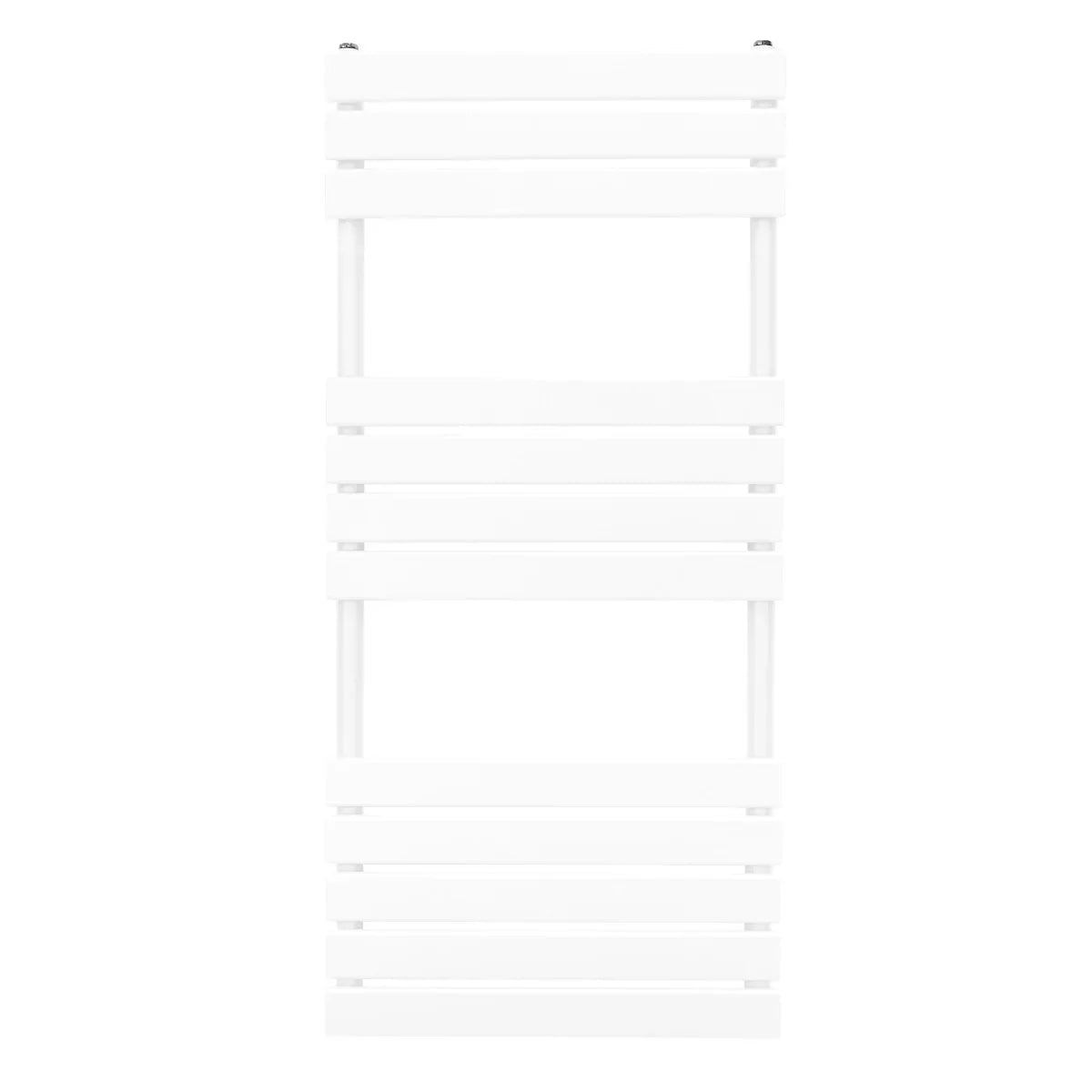 Flat panel towel radiator in white, measuring 1200mm x 500mm, features sleek horizontal slats for modern bathroom decor