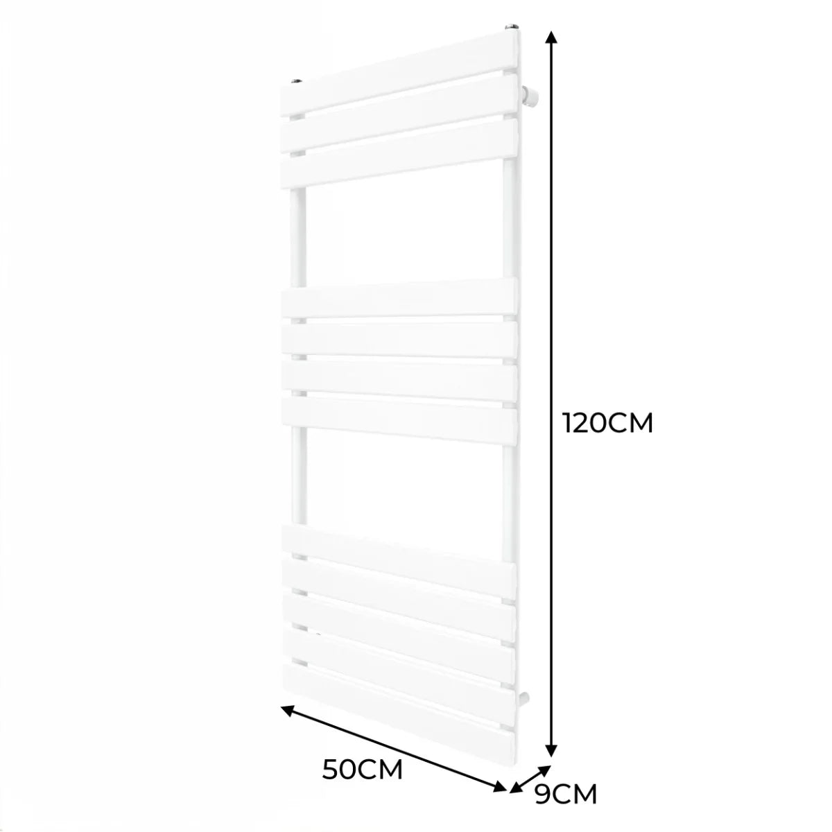 Sleek white flat panel towel radiator measuring 1200mm x 500mm, featuring a modern design with horizontal slats and a smooth finish