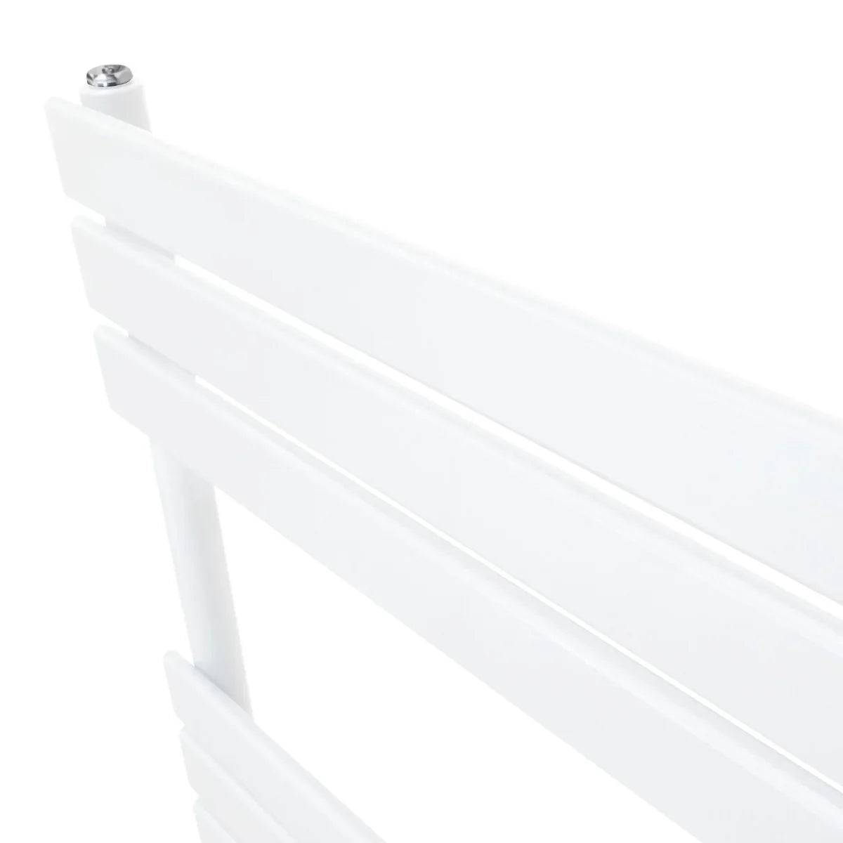 Flat panel towel radiator in sleek white finish, measuring 1200mm x 500mm, featuring smooth, modern lines and a minimalist design