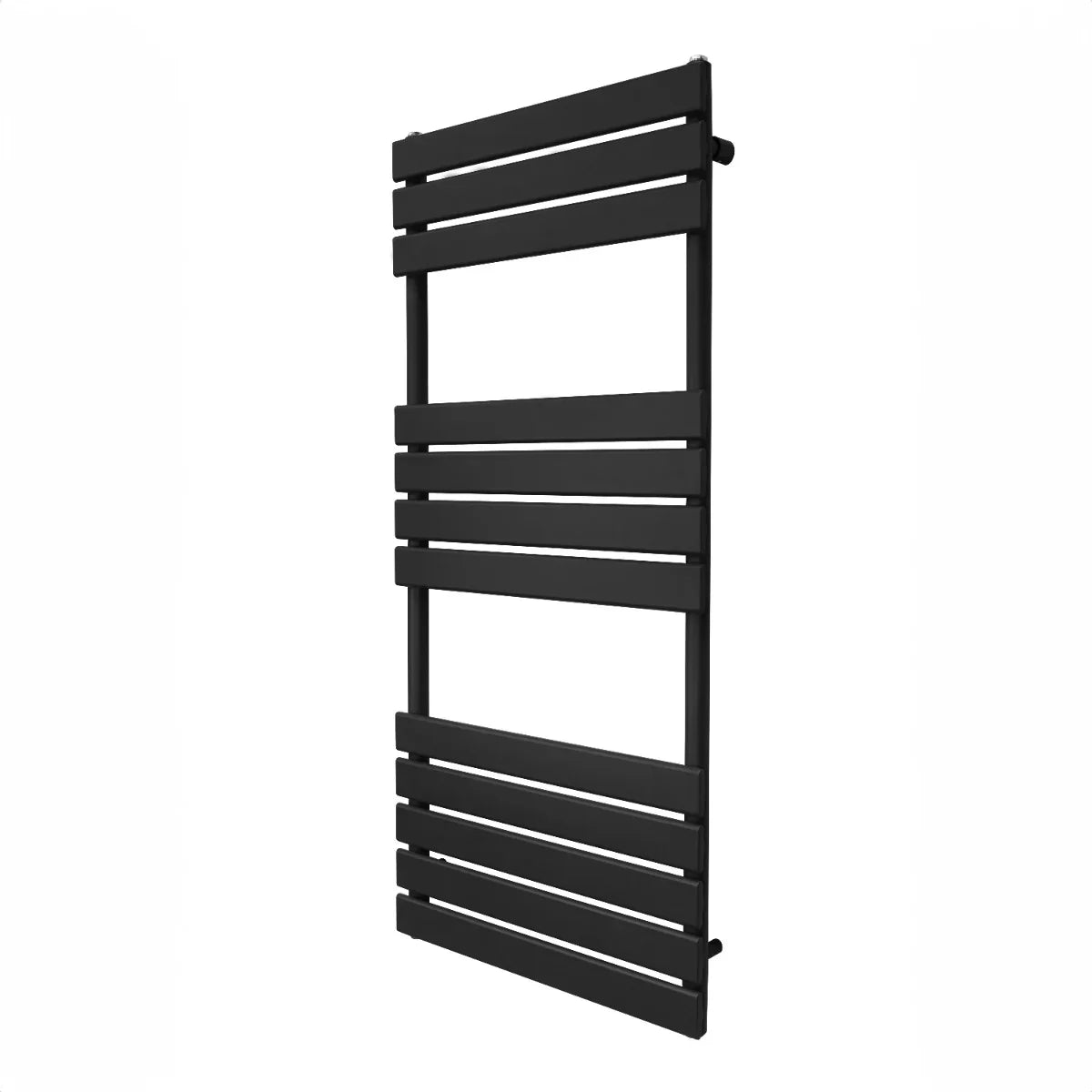 Flat panel towel radiator in sleek black, measuring 1200mm x 500mm, features horizontal slats for efficient drying and modern design